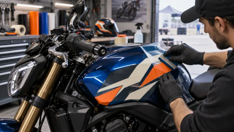 Mechanic in black gloves applies a blue, cream, and orange geometric vinyl decal to the glossy blue fuel tank of a generic naked motorcycle in a workshop.