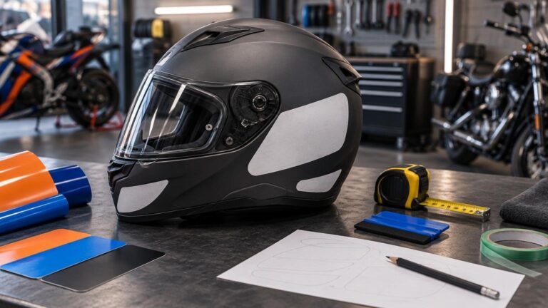 Matte black full-face motorcycle helmet on a workshop bench with several white paper sticker mockups on its side, surrounded by colored vinyl sheets, a tape measure, squeegees, tape, and a sketch sheet; motorcycles are blurred in the background.