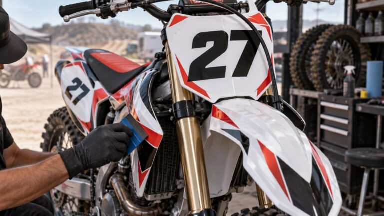 Close-up of a white motocross bike with red and black angular graphics and large black number 27 plates while a gloved person uses a blue squeegee to apply a side-panel decal in a paddock workshop.
