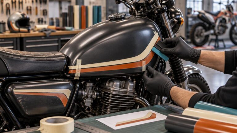 Gloved hands use a squeegee to apply cream and orange stripe decals to the black fuel tank of a classic-style motorcycle in a workshop, with masking tape, vinyl rolls, and a printed graphic template nearby.