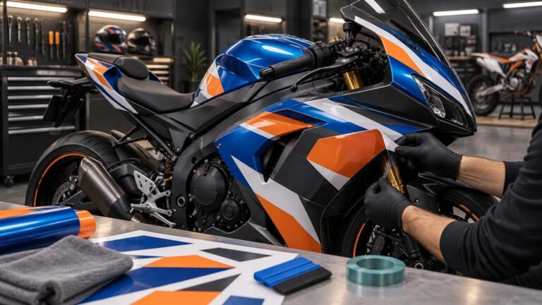 Gloved technician applies a blue, white, and orange vinyl graphic to the fairing of a blue sport motorcycle in a workshop, with cut vinyl pieces, a squeegee, and a roll of tape on the bench.