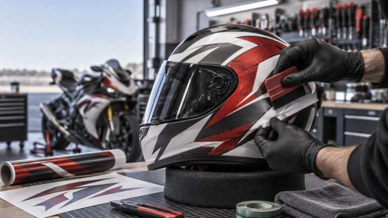 Gloved hands use a red squeegee to apply a red, black, and white vinyl graphic to the curved side of a full-face motorcycle helmet in a workshop, with a sport bike and decal materials in the background.