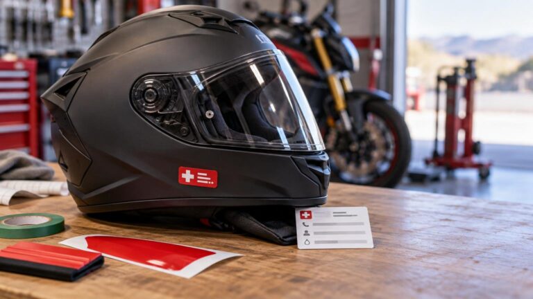 Matte black full-face motorcycle helmet on a workshop bench with a small red-and-white medical-style decal, an information card, tape, and red vinyl pieces; a motorcycle is blurred in the background.