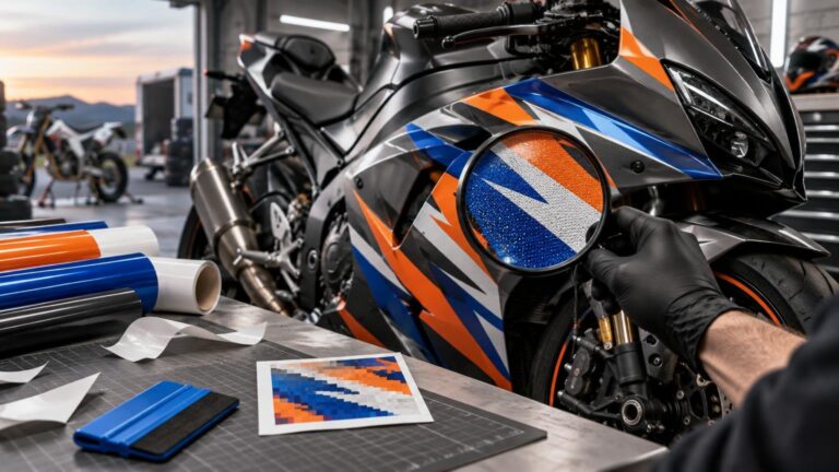 Gloved technician holds a magnifying glass over blue, orange, white, and black vinyl graphics on a sport motorcycle fairing. Rolls of matching vinyl and a pixelated printed color sample sit on a cutting mat in a workshop.