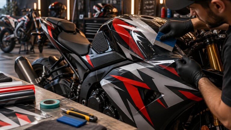 Gloved technician uses a blue squeegee to apply a clear protective film over red, white, and black geometric decals on a black sport motorcycle in a workshop, with vinyl rolls and tools on a nearby bench.
