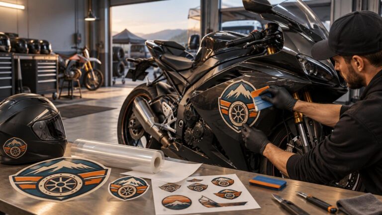 Technician applying a mountain-and-wheel emblem decal to the black fairing of a sport motorcycle in a workshop, with matching sticker sheets, vinyl film, tools, and a helmet on the workbench.