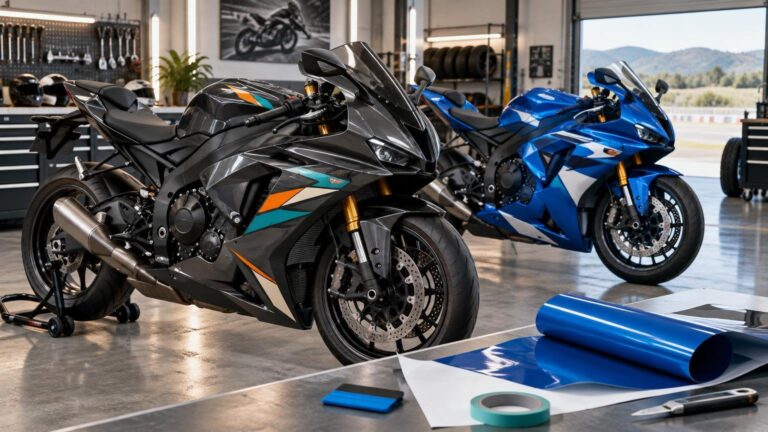 Two customized sport motorcycles in a bright workshop, with a black bike carrying turquoise and orange geometric decals in front, a blue bike behind it, and blue-and-white vinyl sheets, tape, and a cutting tool on a worktable.