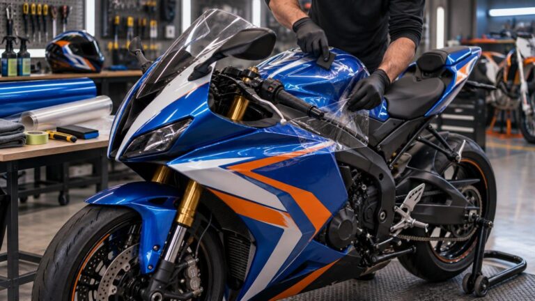 A gloved technician applies a clear protective film to the blue-and-orange fairing of a sport motorcycle in a brightly lit workshop, with rolls of film and tools on a nearby bench.