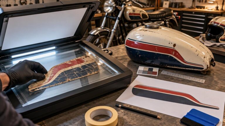 Gloved hand scanning a cracked red, cream, and dark-blue motorcycle tank decal beside a worn fuel tank, color swatches, ruler, and a clean printed redraw in a workshop.