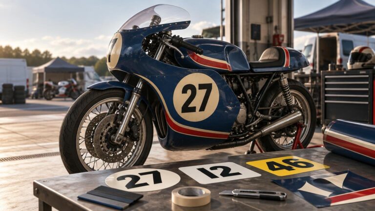 Vintage-style blue café-racer motorcycle in a paddock workshop, with cream race-number circles showing 27 on the fairing and decal sheets marked 21, 12, and 45 on a worktable beside tape and a craft knife.